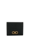 Ferragamo Hammered Leather Gancini Compact Wallet In Black