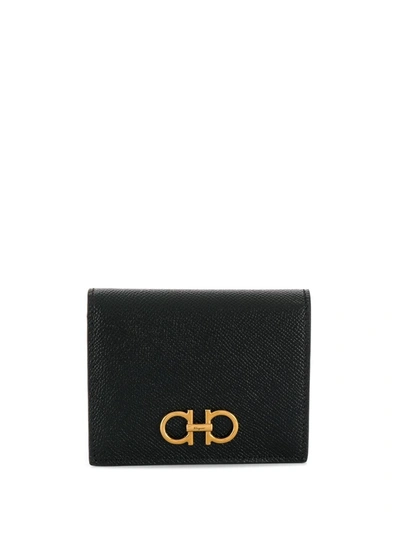 Ferragamo Hammered Leather Gancini Compact Wallet In Black