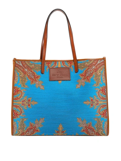 Etro Jacquard Cotton Blend Tote In Blue