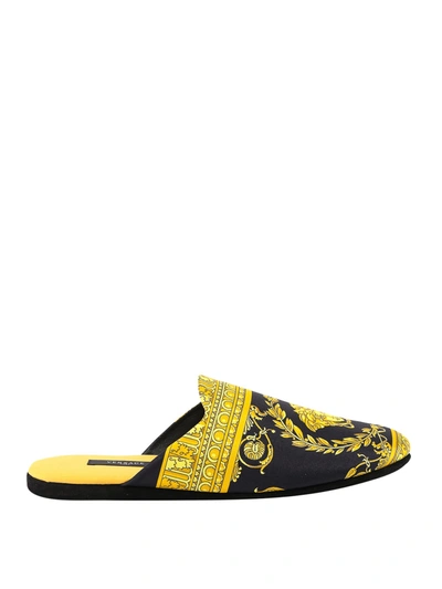 Versace Logo Slippers In Blue In Gold
