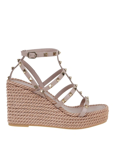 Valentino Garavani Rockstud Ankle Strap Wedge Sandal In Calfskin Leather 95 Mm Woman Skin 41 In Neutral