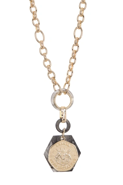 Akola Black Horn & Abalone Coin Long Pendant Necklace