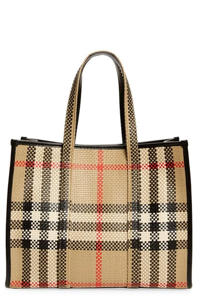 Burberry Small Book Check Woven Leather Tote In Archive Beige