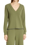 L Agence Luxe Lounge Helena Long Sleeve V Neck Sweatshirt In Olive