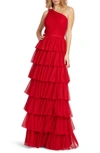 Ieena For Mac Duggal One-shoulder Ruffle-tiered A-line Gown In Red