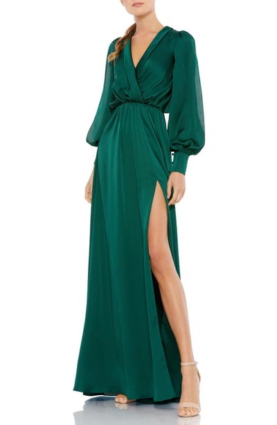 Ieena For Mac Duggal Split Long Sleeve Faux Wrap Satin Gown In Deep Emerald