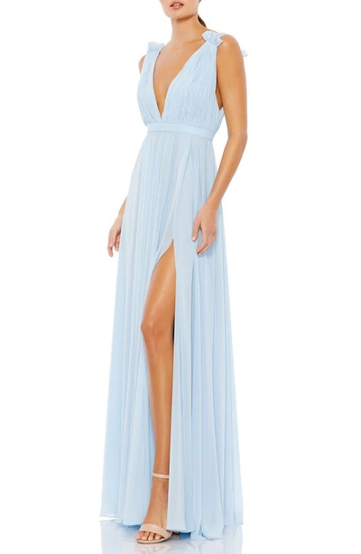 Mac Duggal Pleated Chiffon Sleeveless V-neck Gown In Powder Blue