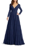 Mac Duggal Long Sleeve Ruffle Tiered Evening Gown In Midnight