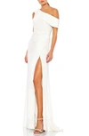 Mac Duggal Off-the-shoulder Shirred Jersey Gown In White