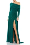 Mac Duggal One-shoulder Long Sleeve Jersey Gown In Emerald