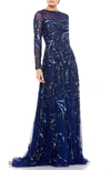 Mac Duggal Long Sleeve Embellished Illusion Evening Gown In Midnight