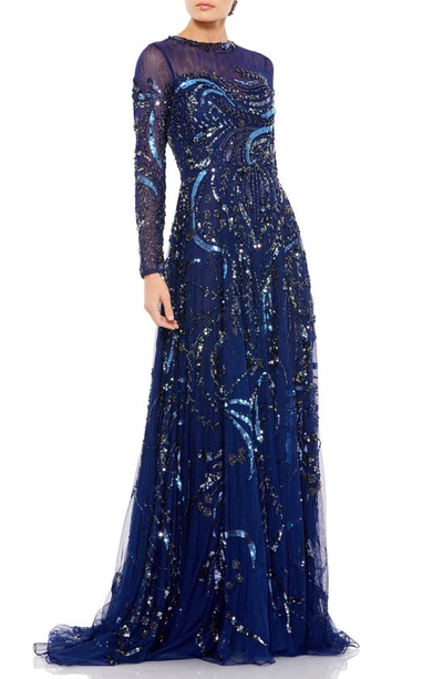 Mac Duggal Long Sleeve Embellished Illusion Evening Gown In Midnight