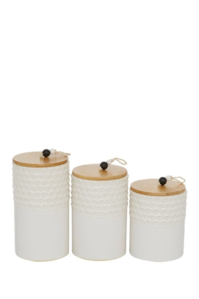 Willow Row White Textured Stoneware Canister With Wood Lid And Beaded Handle