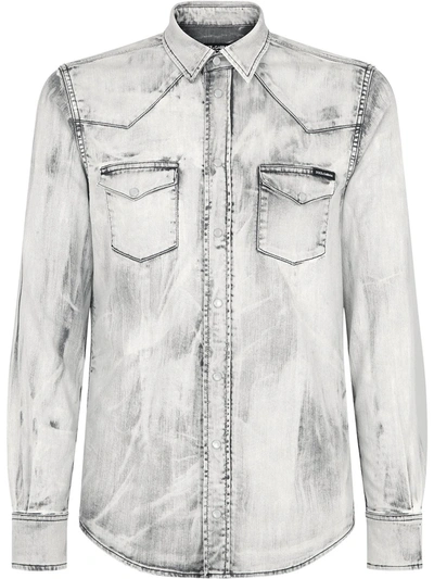 Dolce & Gabbana Bleach Wash Denim Shirt In Grey