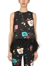 La Doublej La Scala Floral-print Feather-trimmed Silk Top In Multicolour