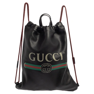 Pre-owned Gucci Black Soft Grain Leather Logo Drawstring Backpack