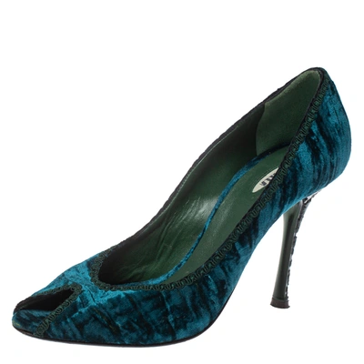 Pre-owned Le Silla Blue/green Velvet Peep Toe Pumps Size 37