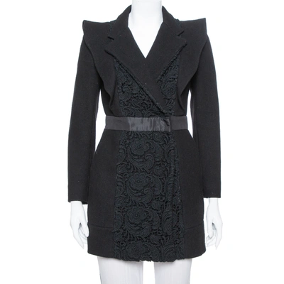 Pre-owned Prada Black Wool & Lace Paneled Coat S