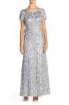 Alex Evenings Long A-line Rosette And Sequin Gown In Dove