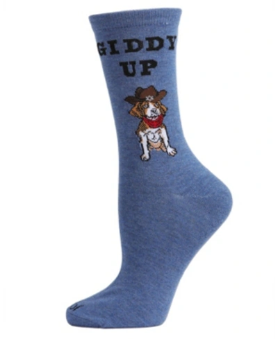 Memoi Women's Giddy Up Pup Bamboo Blend Crew Socks In Dark Blue