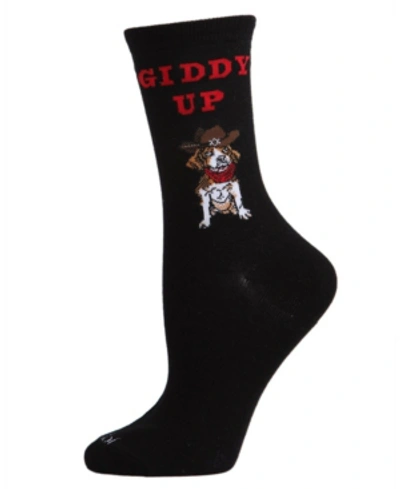 Memoi Women's Giddy Up Pup Crew Socks In Black