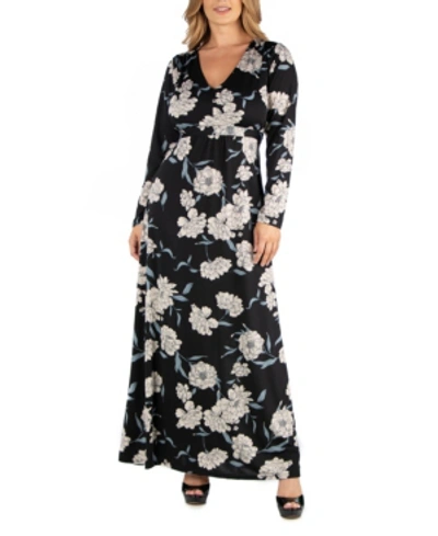 24seven Comfort Apparel Black Floral Print Long Sleeve Plus Size Maxi Dress In Multi