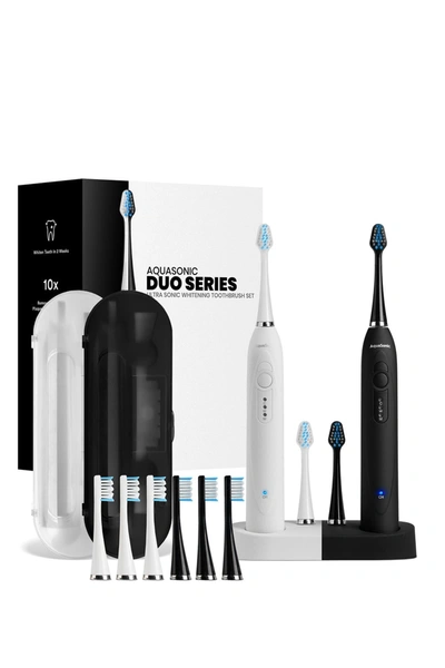 Aquasonic Duo Dual Ultrasonic Toothbrushes With 10 Dupont Brush Heads & 2 Travel Cases