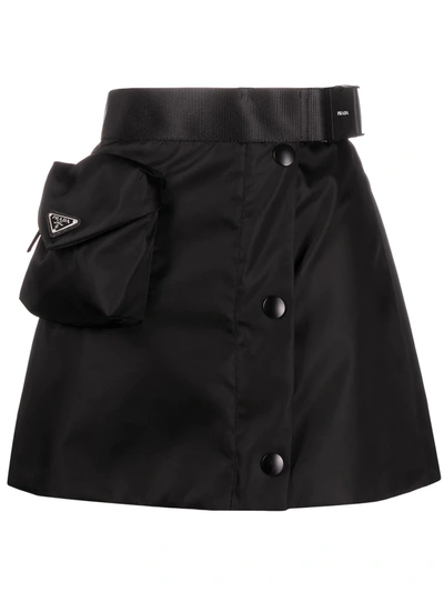 Prada Black Flared Gabardine Re-nylon Skirt With Pocket In Schwarz