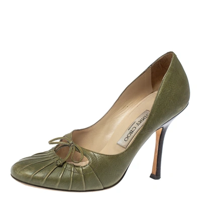Pre-owned Jimmy Choo Olive Green Leather Bow Round Toe Pumps Size 37