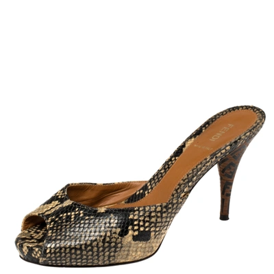 Pre-owned Fendi Multicolor Python Embossed Leather Peep Toe Slide Sandals Size 40