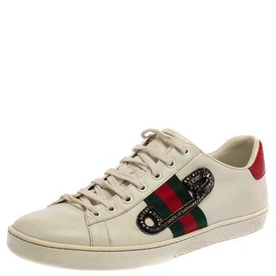 Pre-owned Gucci White Leather Embossed Python Trim Web Detail Embellishment Ace Low Top Sneakers Size 40