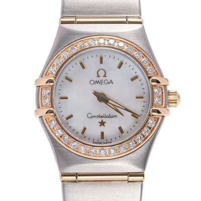 Pre-owned Omega Mop Diamonds 18k Yellow Gold And Stainless Steel Constellation 1267.70 Quartz Women's Wristwatch 22  In White