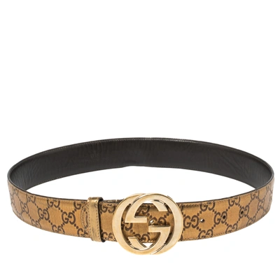 Pre-owned Gucci Ssima Leather Interlocking G Buckle Belt 80cm In Gold