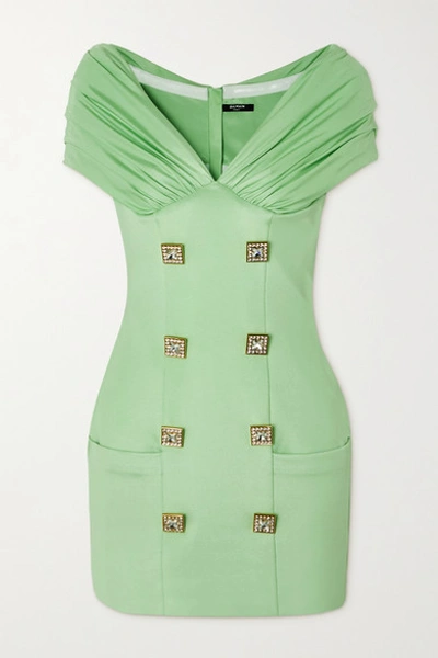 Balmain Off-the-shoulder Ruched Crystal-embellished Crepe Mini Dress In Green