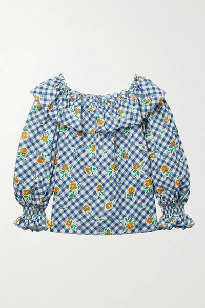 Rixo London Birdie Ruffled Printed Broderie Anglaise Cotton Top In Navy Gingham