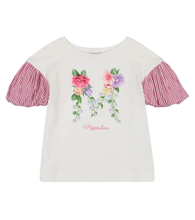Monnalisa Kids' Floral Print Striped Sleeve T-shirt In Panna
