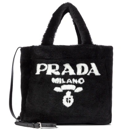 Prada Medium Shearling Tote In Black