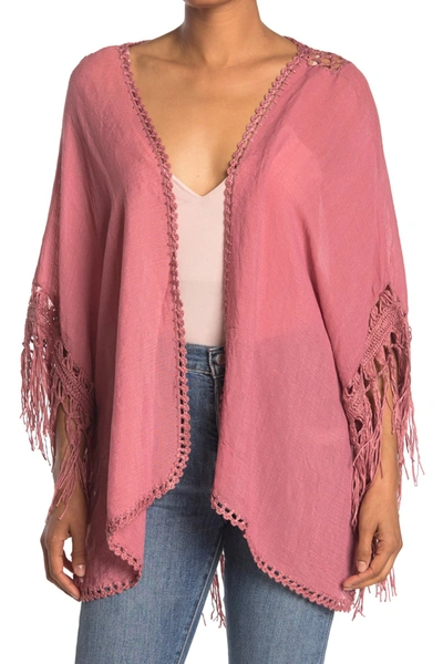 Forgotten Grace Crochet Fringe Cardigan In Dark Mauve
