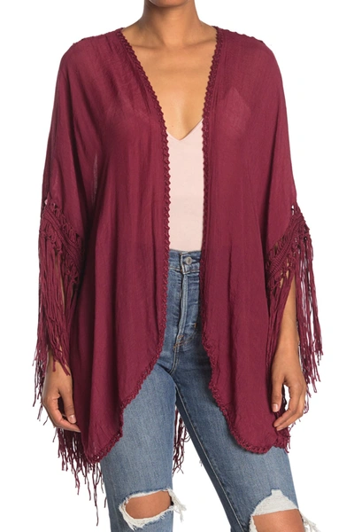 Forgotten Grace Crochet Fringe Cardigan In Burgundy