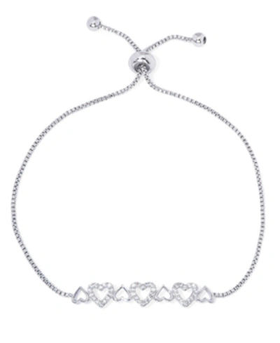 Macy's Cubic Zirconia Multible Hearts Adjustable Bolo Bracelet In Silver Plate