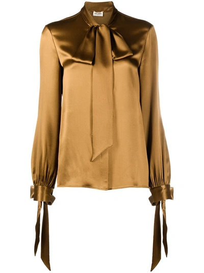 Saint Laurent Blouse In Silk Satin Crepe Gold In Brown