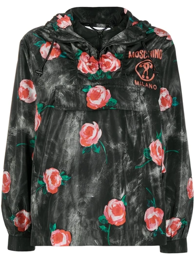 Moschino Rose Pattern Hooded Winbreaker In Black