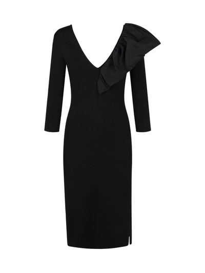 Givenchy V-neck Side-slit Midi Dress With Taffeta Ruffle In Black