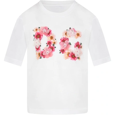 Dolce & Gabbana Kids' White T-shirt For Girl With Flowers In Multicolor