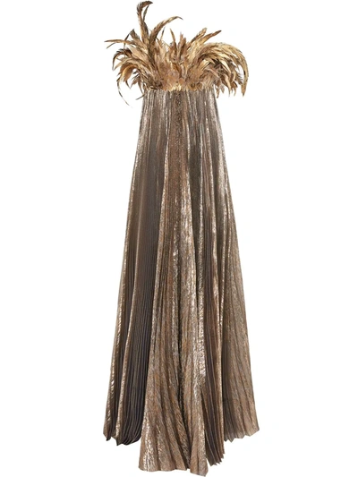 Oscar De La Renta Feather-detail Pleated Gown In Gold