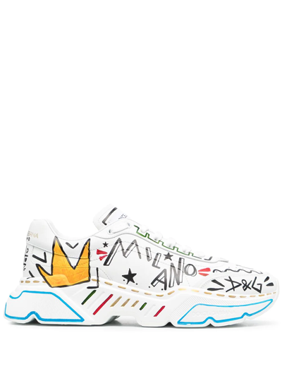 Dolce & Gabbana Leather Painted Daymaster Sneakers In White,light Blue,black