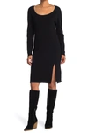 Stitchdrop Scoop Neck Rib Knit Slit Sweater Dress In Black