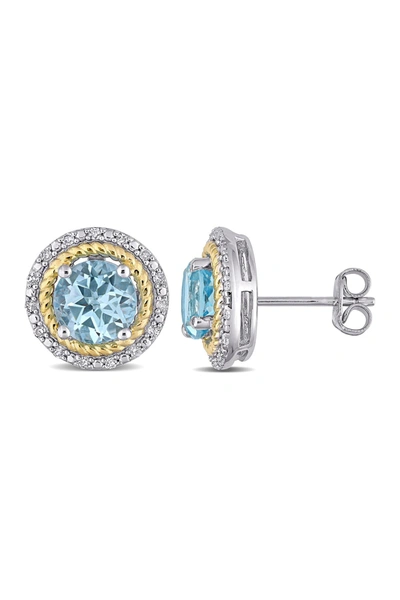 Delmar Two-tone Round Cut Blue Topaz & Diamond Accent Halo Stud Earrings