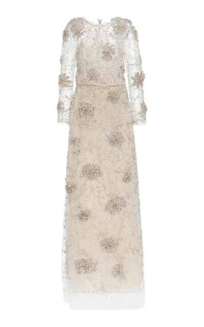 Marchesa Crystal-embroidered Tulle Gown In Grey