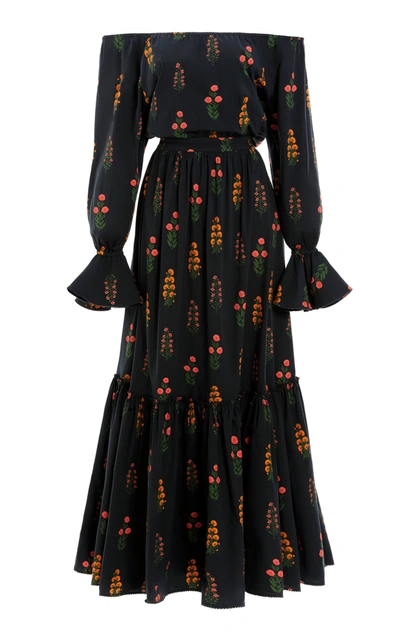 Agua By Agua Bendita Women's Almendra Dahlia-printed Cotton Poplin Off-the-shoulder Maxi Dress In Black